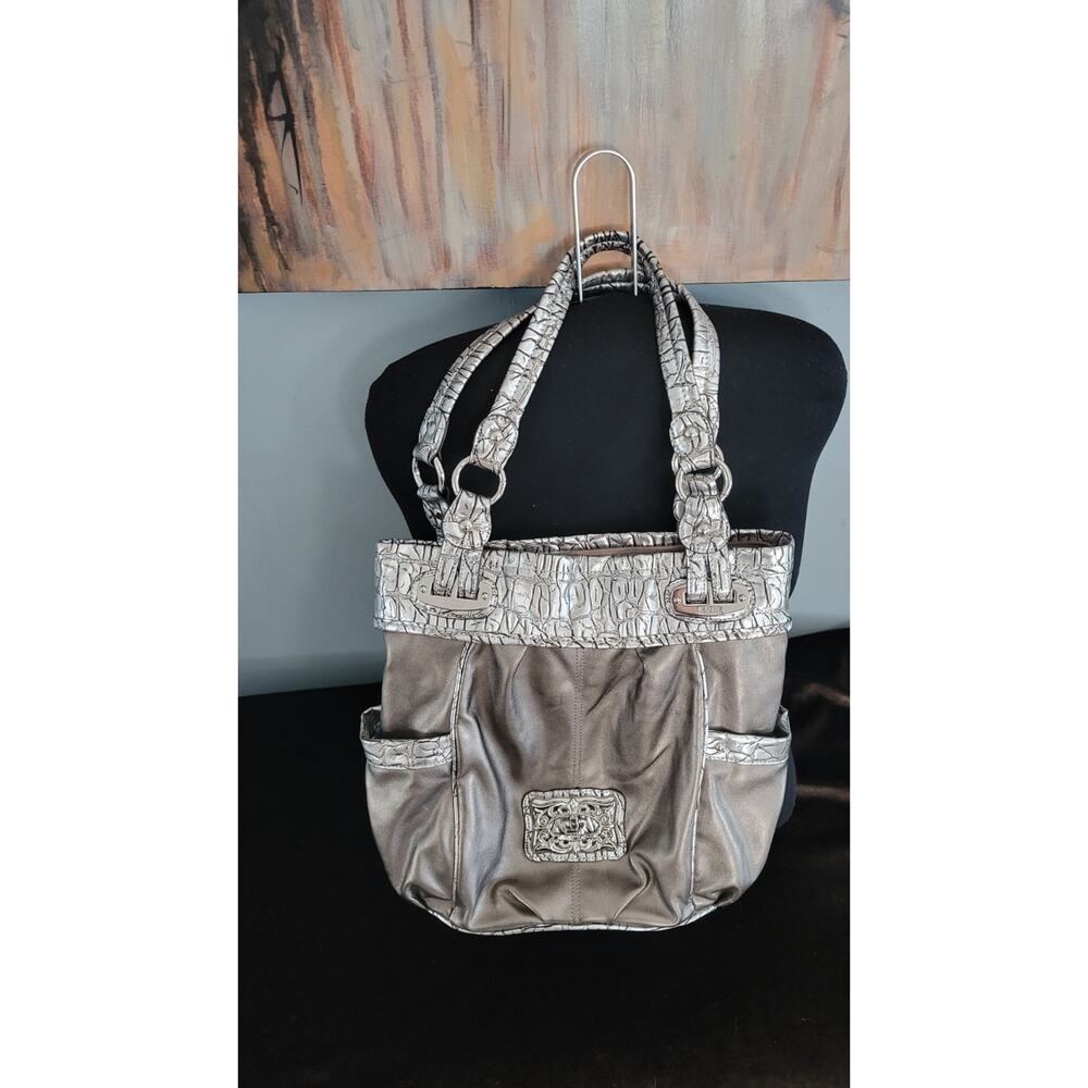 Kathy Van Zeeland Metallic Silver Croc Embossed Tote Bag Y2K Glam Shoulder Purse